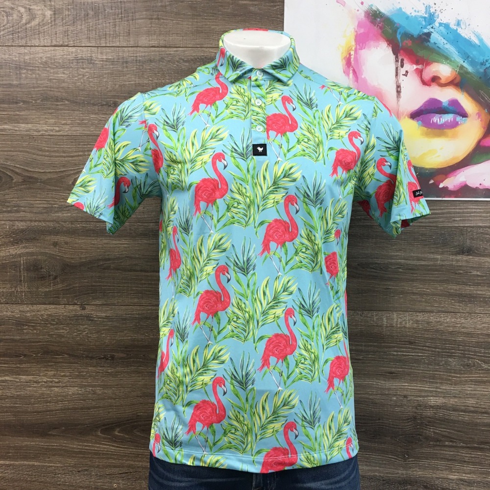 Bad Birdie Men's Golf Polo Shirt Large Flamingo Palm Tree Print‎ Short Sleeve